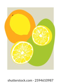 A modern, minimalist digital illustration of citrus fruits, featuring a whole lemon