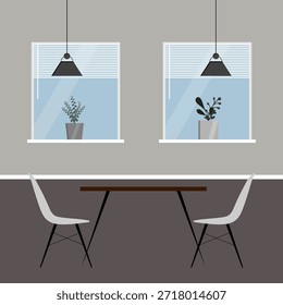 Modern minimalist dining room interior. Two white designer chairs, a wooden table, two large windows with blinds and indoor plants on the window sills. There are pendant lights above the table.