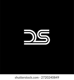 Logotipo moderno minimalista del monograma de DS o SD con líneas blancas paralelas. Profesional de letras geométricas para identidad corporativa, startup tecnológica o marca de moda. Icono de Vector elegante sobre fondo negro.