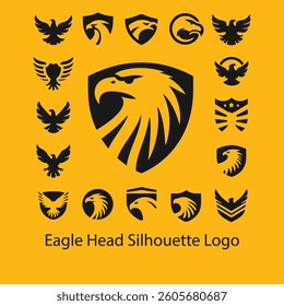 Modern and Minimalist Eagle Logo design vector illustration, Black Eagle, Falcon, Hawk Symbol Mark isolated on background, Eagle Shield Logo, Clean, Creative Eagle head logo