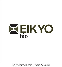 Moderno diseño minimalista del logotipo de Eikyo Bio con un icono geométrico negro limpio junto con una elegante tipografía serif. El diseño simple y profesional sobre un fondo beige suave lo hace ideal para grandes