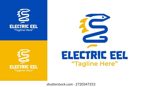Un moderno logotipo minimalista de anguila eléctrica diseñado para temas científicos, medios educativos y marca de investigación acuática.