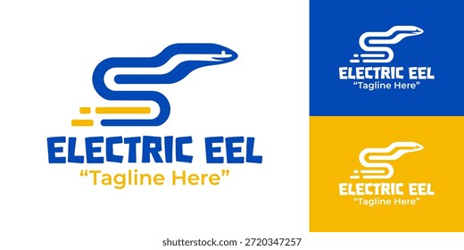 Un moderno diseño minimalista de logotipo de anguila eléctrica creado para marcas de agua dulce, proyectos acuáticos y audaces sistemas de identidad animal.