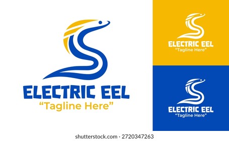Un moderno logotipo minimalista de anguila eléctrica creado para marcas acuáticas que enfatiza el poder, el movimiento y la identidad visual limpia.
