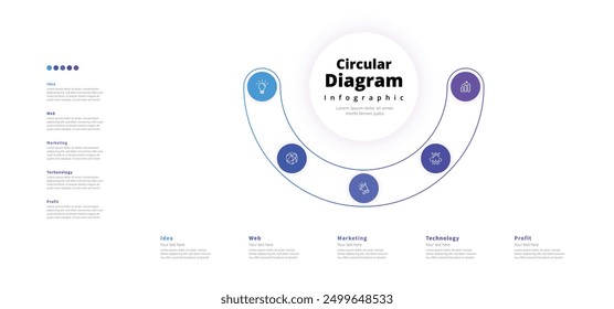 Modern minimalist elegant clean circular 5 steps editable diagram infographic design template vector