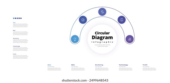 Moderno minimalista elegante limpio circular 5 pasos editable diagrama infografía diseño Plantilla Vector