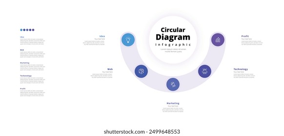 Moderno minimalista elegante limpio circular 5 pasos editable diagrama infografía diseño Plantilla Vector