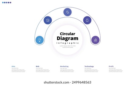 Modern minimalist elegant clean circular 5 steps editable diagram infographic design template vector