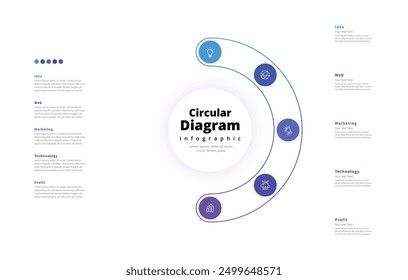 Modern minimalist elegant clean circular 5 steps editable diagram infographic design template vector