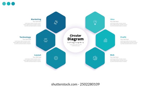 Modern minimalist elegant clean circular polygon 6 steps editable infographic design template vector