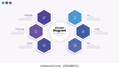 Modern minimalist elegant clean circular polygon 6 steps editable infographic design template vector