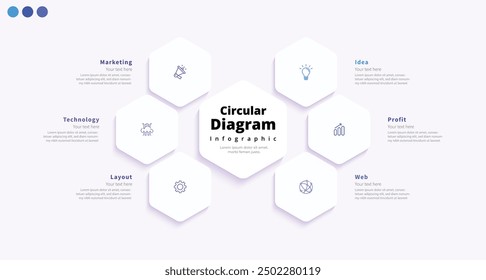 Moderno minimalista elegante limpio polígono circular 6 pasos editable diseño infográfico Vector de Plantilla