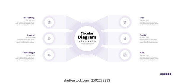 Modern minimalist elegant clean circular 6 steps editable diagram infographic design template vector