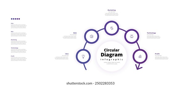Modern minimalist elegant clean circular 5 steps editable diagram infographic design template vector