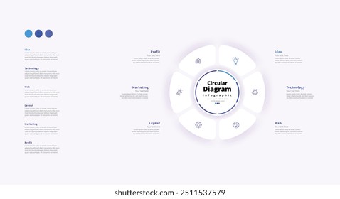 Modern minimalist elegant clean circular 6 steps editable diagram white infographic design template vector	