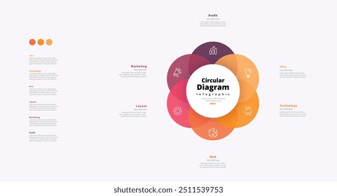 Modern minimalist elegant clean circular 6 steps editable diagram infographic design template vector