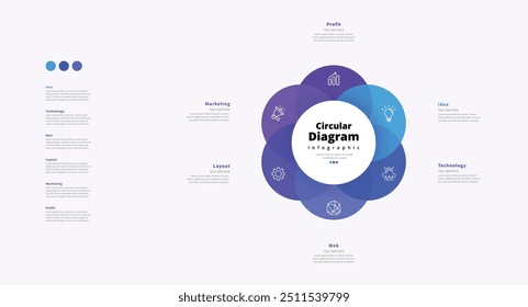 Modern minimalist elegant clean circular 6 steps editable diagram infographic design template vector