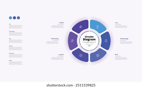 Moderno minimalista elegante limpio circular 6 pasos editable diagrama infografía diseño Plantilla Vector