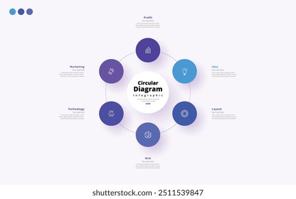 Modern minimalist elegant clean circular 6 steps editable diagram infographic design template vector