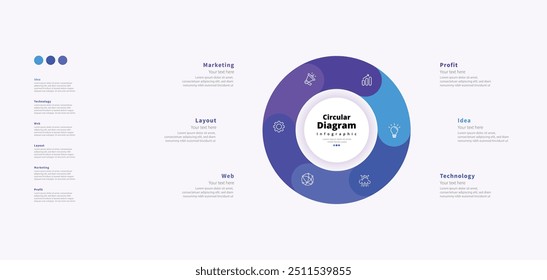Modern minimalist elegant clean circular 6 steps editable diagram infographic design template vector