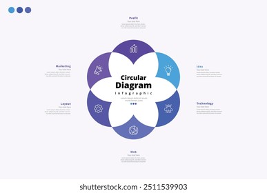 Modern minimalist elegant clean circular 6 steps editable diagram infographic design template vector