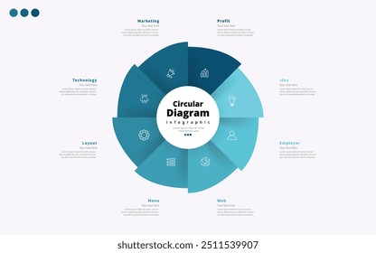 Modern minimalist elegant clean circular 6 steps editable diagram infographic design template vector