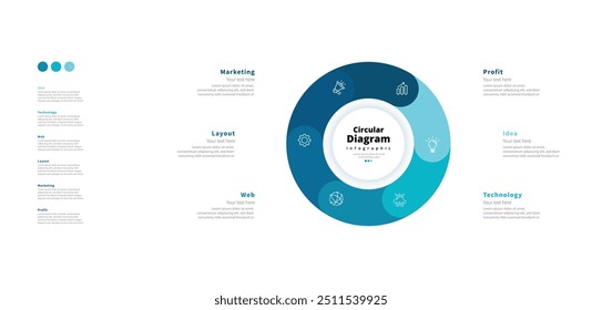 Modern minimalist elegant clean circular 6 steps editable diagram infographic design template vector