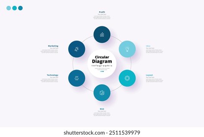 Modern minimalist elegant clean circular 6 steps editable diagram infographic design template vector