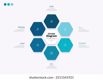 Moderne minimalistische elegante saubere kreisförmige 6 Schritte editierbares Diagramm polygonale infografische Design-Vorlage Vektor