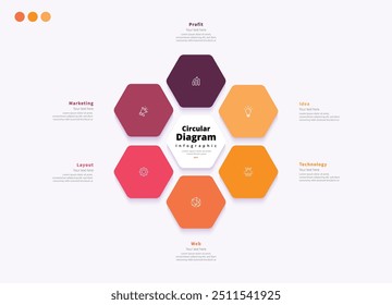 Moderno minimalista elegante limpo circular 6 passos diagrama editável poligonal infográfico design modelo vetor