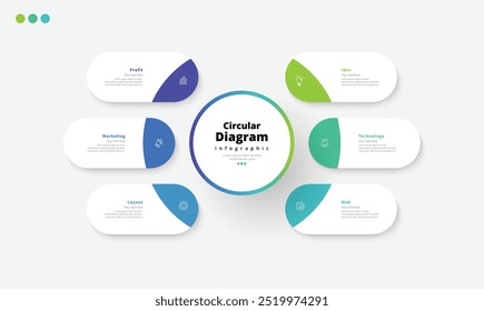 Modern minimalist elegant clean circular 6 steps editable diagram chart infographic design template vector