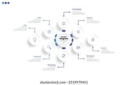 Moderne minimalistische elegante saubere kreisförmige 8 Schritte editierbare Diagramm Diagramm Diagramm infographische Design Vorlage Vektor