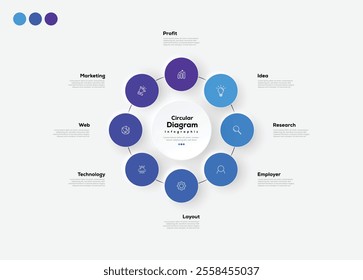 Modern minimalist elegant clean circular 8 steps editable infographic design template vector