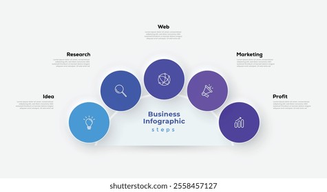 Modern minimalist elegant clean circular 5 steps editable diagram infographic design template vector