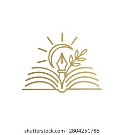Modern minimalist elegant gold book logo with a pen nib.