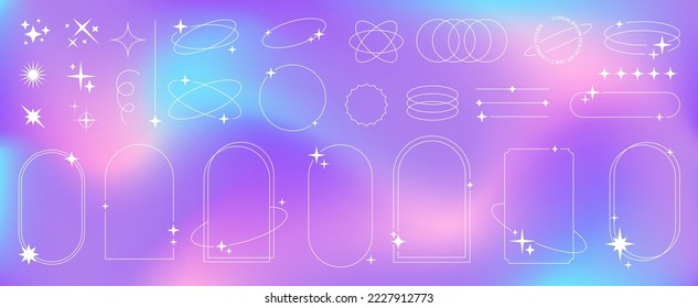 Modern minimalist aesthetic line elements fluid gradient background  trendy linear frames and stars  geometric forms  Arch frame and sparkles for social media  simple decorative border vector set