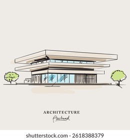 Modern Minimalist exterior design freehand drawing, Sketch Hand drawn Drawing design.