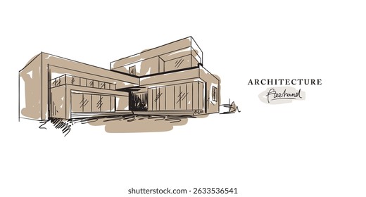 Modern Minimalist exterior design freehand drawing, Sketch Hand drawn Drawing design.