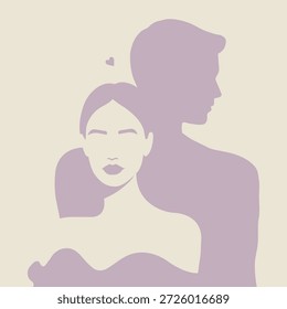 Moderno Vector de pareja minimalista sin rostro en suave lavanda y beige con un corazón Pequeño, romántico concepto de San Valentín para tarjetas de felicitación, invitaciones de boda, redes sociales, marca, carteles y contenido de bienestar de relaciones.