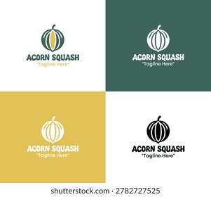 A modern minimalist flat acorn squash logo in yellow and dark green colors designed for organic branding, healthy identity, and farm logo use