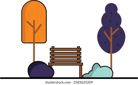 A modern and minimalist flat design illustration of a park scene. The image features a wooden bench situated between two stylized trees—one with an orange, rounded canopy