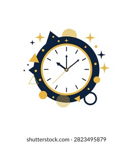 A modern and minimalist flat illustration of a clock featuring a dark blue and gold color palette. The clock face is surrounded by decorative geometric elements including stars, triangles, and circles, creating a celestial and sophisticated aesthetic. This clean design is ideal for concepts related to time management, scheduling, and elegant branding.