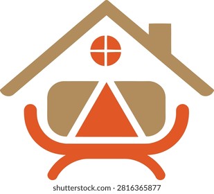 Modern minimalist flat vector logo featuring an abstract house with a cozy sofa inside. The design combines a brown house roof with chimney and round attic window, and a stylized sofa made of geometric shapes in orange and beige

