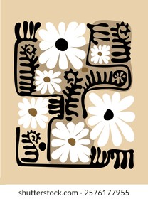 A modern, minimalist floral design with abstract shapes in beige, white, and black. 