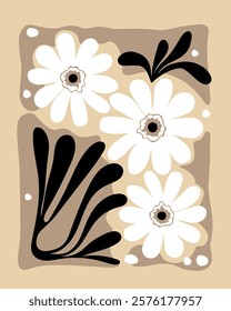 A modern, minimalist floral design with abstract shapes in beige, white, and black. 