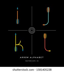 Modern minimalist font alphabet shaped like archery arrows. Letters i,j,k,l. Vector illustration.