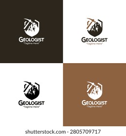 A modern minimalist geologist logo combining mountain and pickaxe elements in brown colors created for profession branding and geological services.