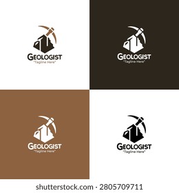 A modern minimalist geologist logo featuring mountain and pickaxe imagery in brown tones developed for profession branding and geological organizations.