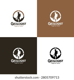A modern minimalist geologist logo featuring a male geologist with pickaxe and rock elements in brown tones crafted for profession branding and earth science projects.