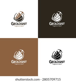 A modern minimalist geologist logo featuring a mountain and geological pickaxe in light and dark brown tones designed for profession branding and earth science identity.